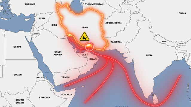 Illustration of the Middle East map showing the Strait of Hormuz crisis. Trade and oil routes are marked with red lines following Iran's closure of the strait.