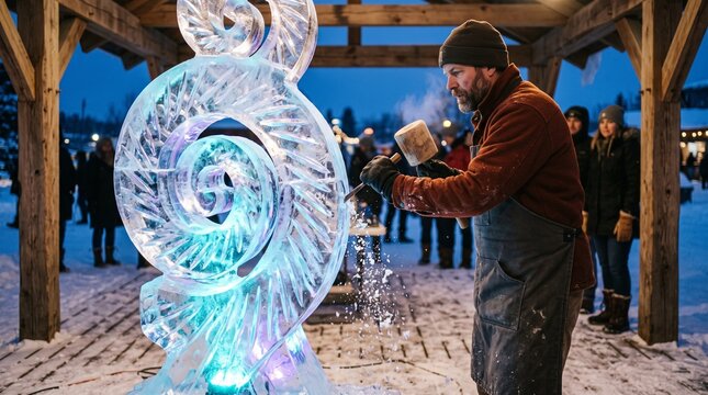 Ice artist shapes a glowing abstract form in a winter pavilion