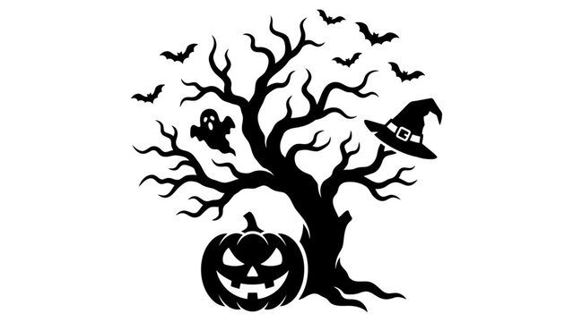 Halloween haunted tree silhouette with pumpkin ghost and bats for spooky holiday decoration.