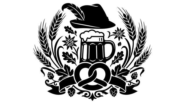 Oktoberfest beer festival icon with pretzel and traditional hat for german holiday decor.