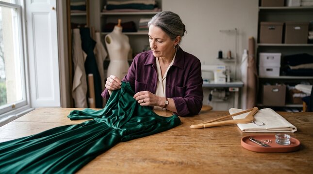Fashion conservator inspects a silk evening gown before care