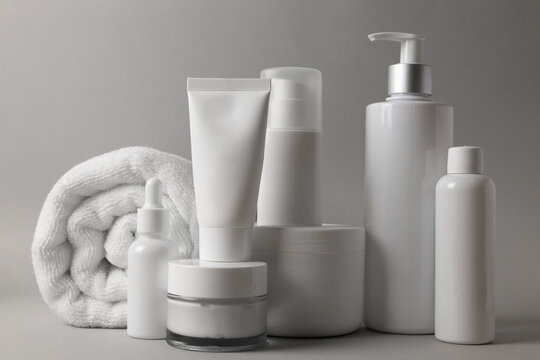 Skincare Cosmetic Products Set with Soft Towel on light Background