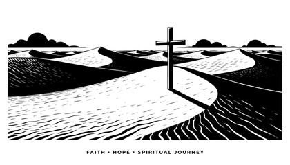 Naklejka premium Very beautiful black and white realistic vector illustration of a solitary cross in a vast desert landscape, featuring a bold caption reading 