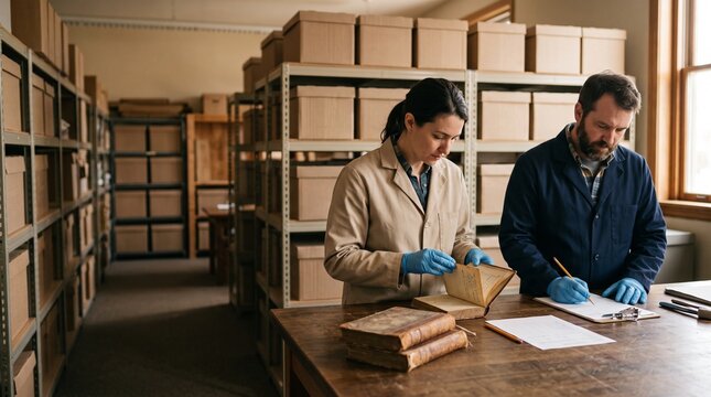 Preservation staff assess aging volumes in an archive workroom