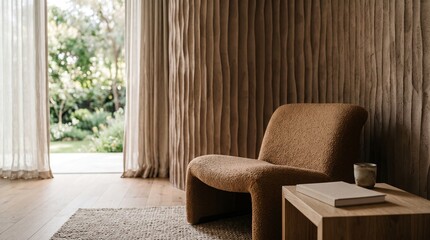 Fototapeta premium Quiet wellness retreat with sculptural acoustic walls and seating