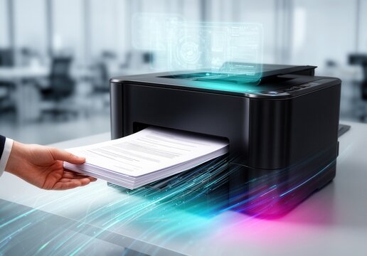 Modern office printer with digital interface and paper documents