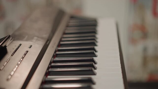 Home studio piano keyboard composing session, vintage control panel and buttons, patterned curtain backdrop, soft warm lighting, songwriter arranging chords, subtle bokeh, close tonal focus, recording