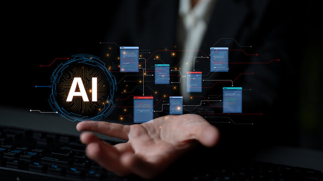 Futuristic software development concept featuring AI pair programmer, automated AI code generation, and real-time AI debugging. Ideal for DevOps and tech AI innovation. Corpus