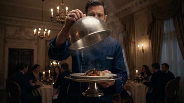 Caterer reveals a finished course at ballroom dinner