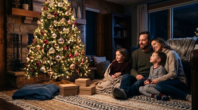 Family pauses beside their finished midnight Christmas tree