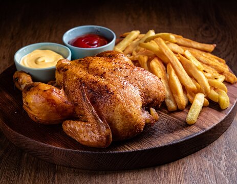 roasted whole chicken with crispy golden fries and dipping sauces
