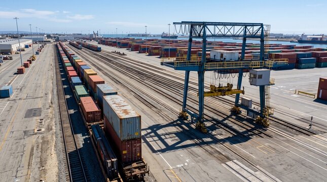 Idle transfer crane beside delayed containers at rail terminal