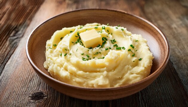 creamy homemade mashed potatoes with melting butter pat and chives in rustic ceramic bowl on farmhouse table