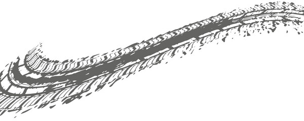 Obraz premium Grunge tire track, wheel braking marks. Truck, car or motorcycle tread pattern silhouette. Auto race, motorsport, speed racing design element. Vector