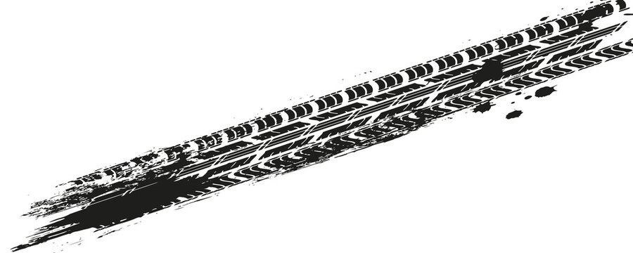 Grunge tire track, wheel braking marks. Truck, car or motorcycle tread pattern silhouette. Auto race, motorsport, speed racing design element. Vector illustration