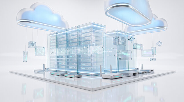 Digital cloud computing server infrastructure with data storage and network connectivity.