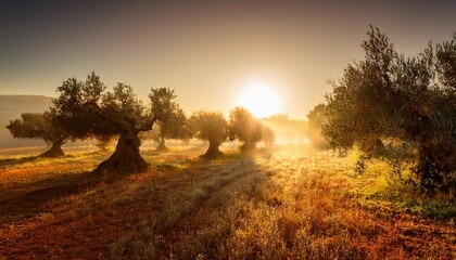 Fototapeta premium stunning fine art photograph of a centuries old olive grove enveloped in warm golden morning mist