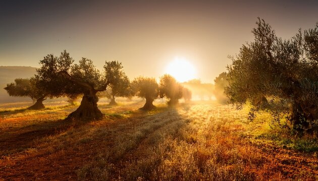 stunning fine art photograph of a centuries old olive grove enveloped in warm golden morning mist
