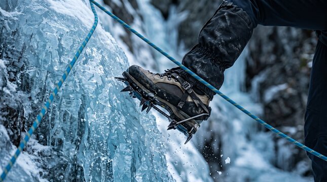 Crampon placement on translucent blue waterfall ice
