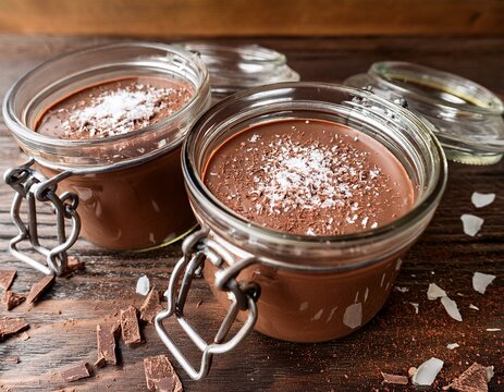 two glass jars of creamy milk chocolate mousse topped with chocolate shavings and sea salt flakes on rustic wooden table