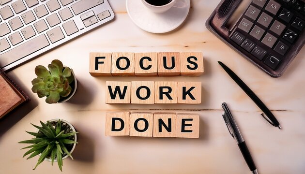 wooden blocks on a desk spell out focus work done