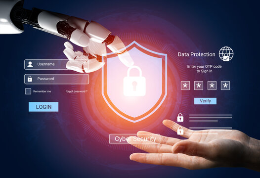 A futuristic robotic hand touches a secure shield icon, illustrating the importance of data security and protection in the digital landscape of online user accounts. Gantry