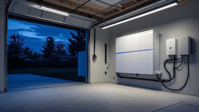 Home Battery Energy Storage System in Modern Garage at Night