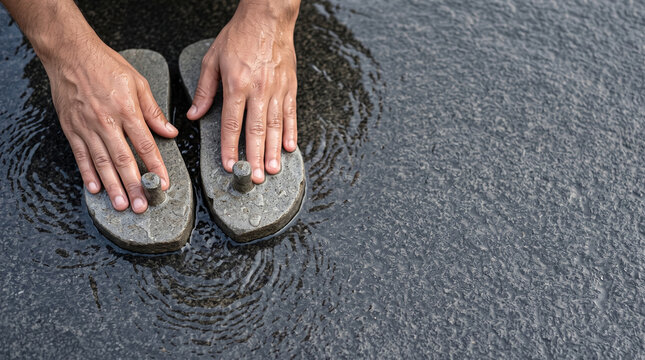 Hands washing rough stone paduka with water drops