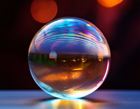 glowing glass sphere with colorful reflections on surface