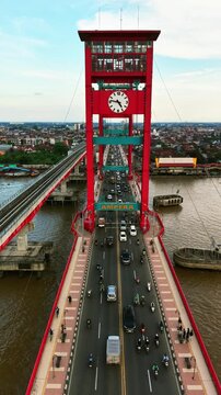 Aerial View of Ampera Bridge Landmark and Musi River in Palembang