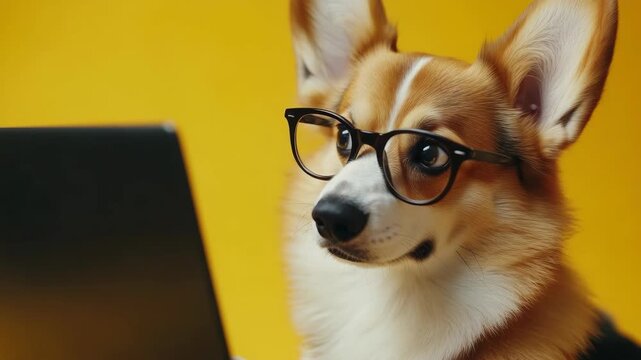 A Corgi dog wearing glasses, sitting in front of a computer monitor and keyboard.