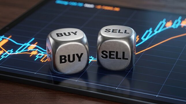Metal dice with buy sell text on financial market chart business analytics