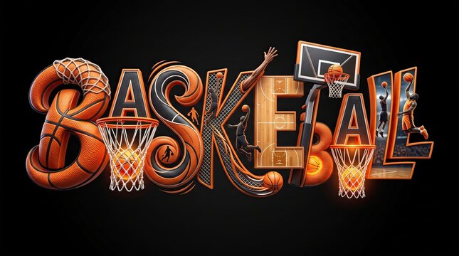 Basketball typography with players and hoops athletic training