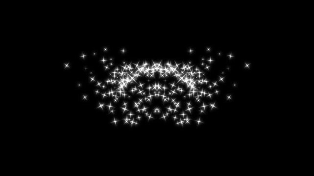 White glitter star burst, magic fairy dust trail, twinkling sparkle line, glowing star particles, shimmering light curve, doodle sparkles,shimmer particles motion on black background. 4k video