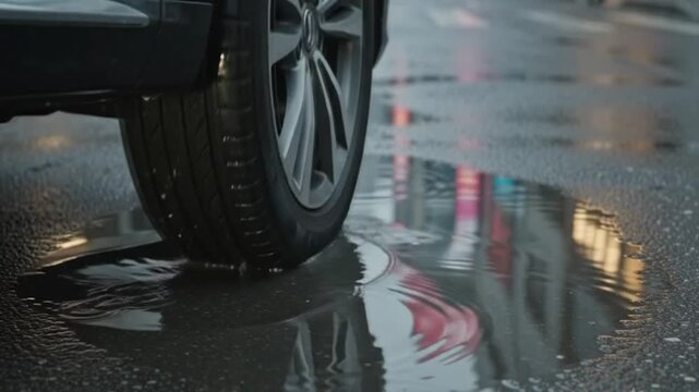 puddle of water crushed by car wheels