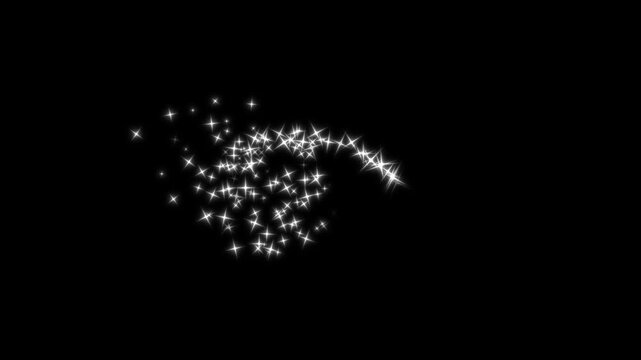 Glitter sparkle star trail animation, white twinkling fairy dust particles, magic light curve, shimmering doodle stars, luxury glow effect, shimmer particles motion on black background. 4k video