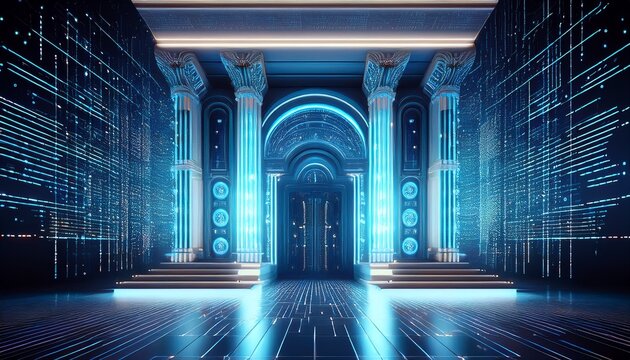 digital data walls flanking neoclassical building entrance in 3d render representing advanced data security and modern cyber protection infrastructure