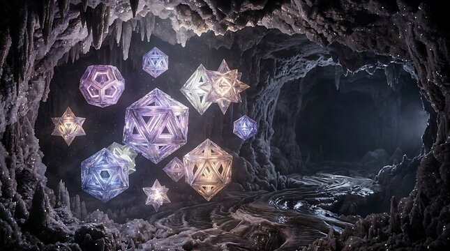 Crystalline geometric shapes floating in a dark cavern illuminated by soft light