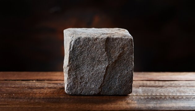 rough stone cube on dark rustic table