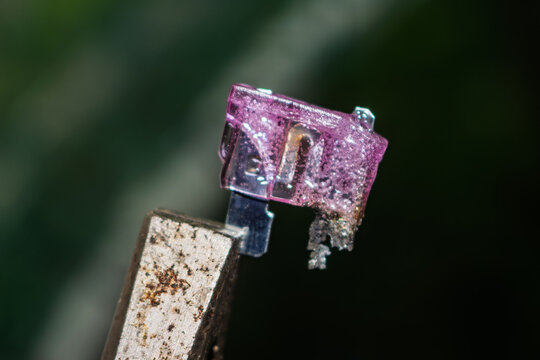 Close-up macro shot of a severely melted purple automotive blade fuse, heat-damaged plastic casing, electrical failure concept, high current overload, burnt car component held in metal pliers