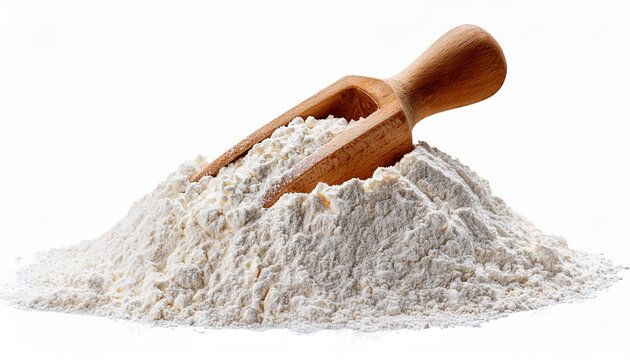 heap of organic wheat flour with rustic wooden scoop sitting on top baking isolated on white or white background png die cut for advertising