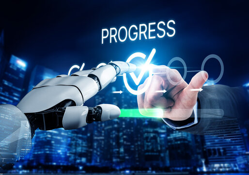 Futuristic Interactions Between Human Hand and Robotic Hand Symbolizing Progress in Technology and Innovation. Bitwise.