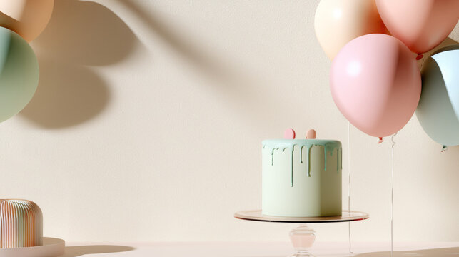 Pastel birthday cake on stand with colorful balloons decorating a minimalist party background, celebrating a festive event with elegant dessert and copy space