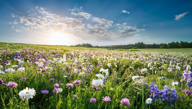 beautiful green field with white and purple flowers
