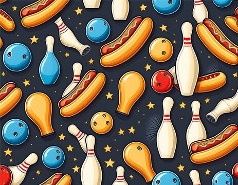 seamless bowling pattern with pins balls hot dogs stars and fun sports background design