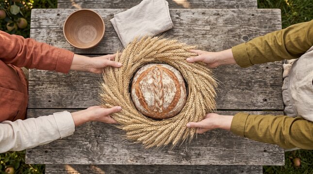 Harvest hands set bread and wheat wreath on orchard table