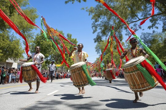 Colorful parade with traditional drummers and flowing flags in sunny outdoor festival