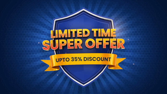 A 3d rendered blue shield emblem featuring a limited time super offer promotional banner with a thirty five percent discount text on dark background