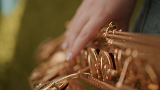 Elegant saxophone demonstration. Closeup of golden saxophone keys. Precise finger placement on saxophone. Educational saxophone tutorial illustrating proper fingering and hand positioning techniques