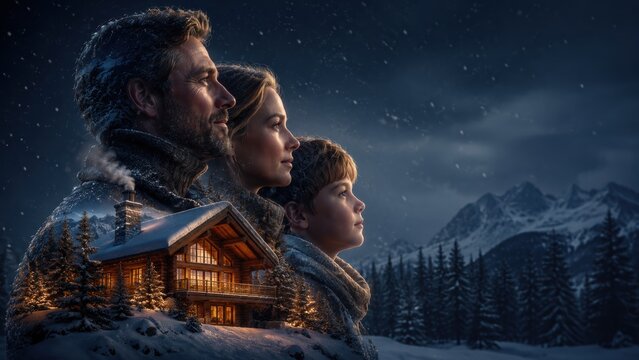 A family gazes out during winter at a cozy wooden cabin surrounded by fresh snow and majestic mountains.